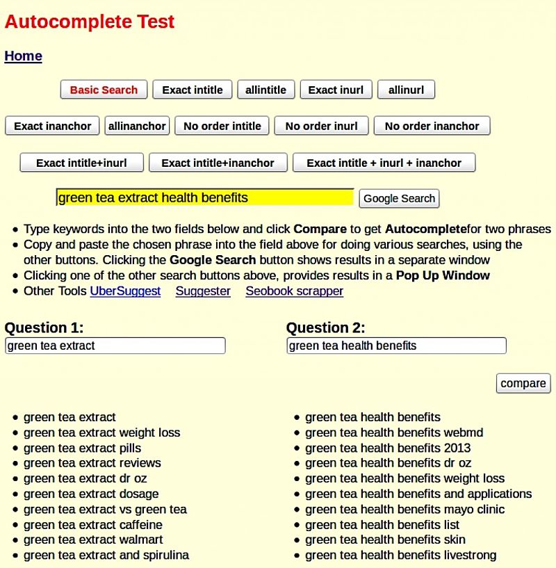 The Auotcomplete Test tool for displaying two autosuggest lists simultaneously to build effective competitive titles and niches for articles